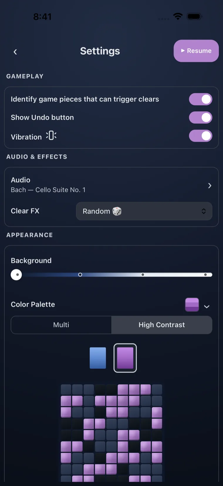 Jabberblocky Settings screen on iPhone. Under Appearance, Color Palette is set to High Contrast; the picker shows two single-color options &mdash; Sapphire (blue) and Amethyst (purple) &mdash; with Amethyst selected, and a preview board rendered in purple steps below.