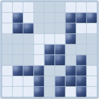 A focused Jabberblocky board in High Contrast mode, rendered in Sapphire blue. Filled cells use a darker blue with visible edges; empty cells are pale, so filled and empty squares stay distinguishable without relying on hue.