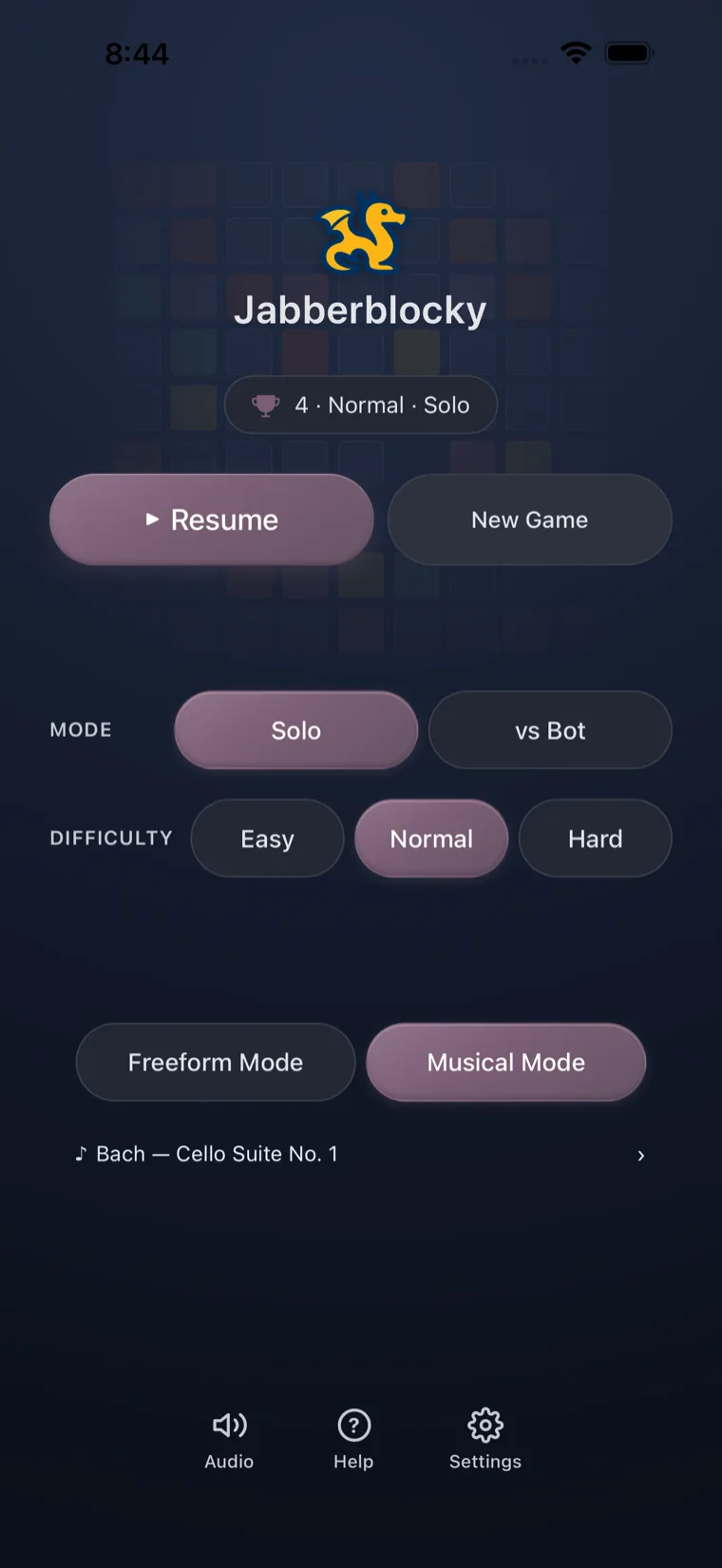 The Jabberblocky home screen in dark mode: the dragon logo and title on a dark background, Resume and New Game buttons, and Mode, Difficulty, and game-type options below.
