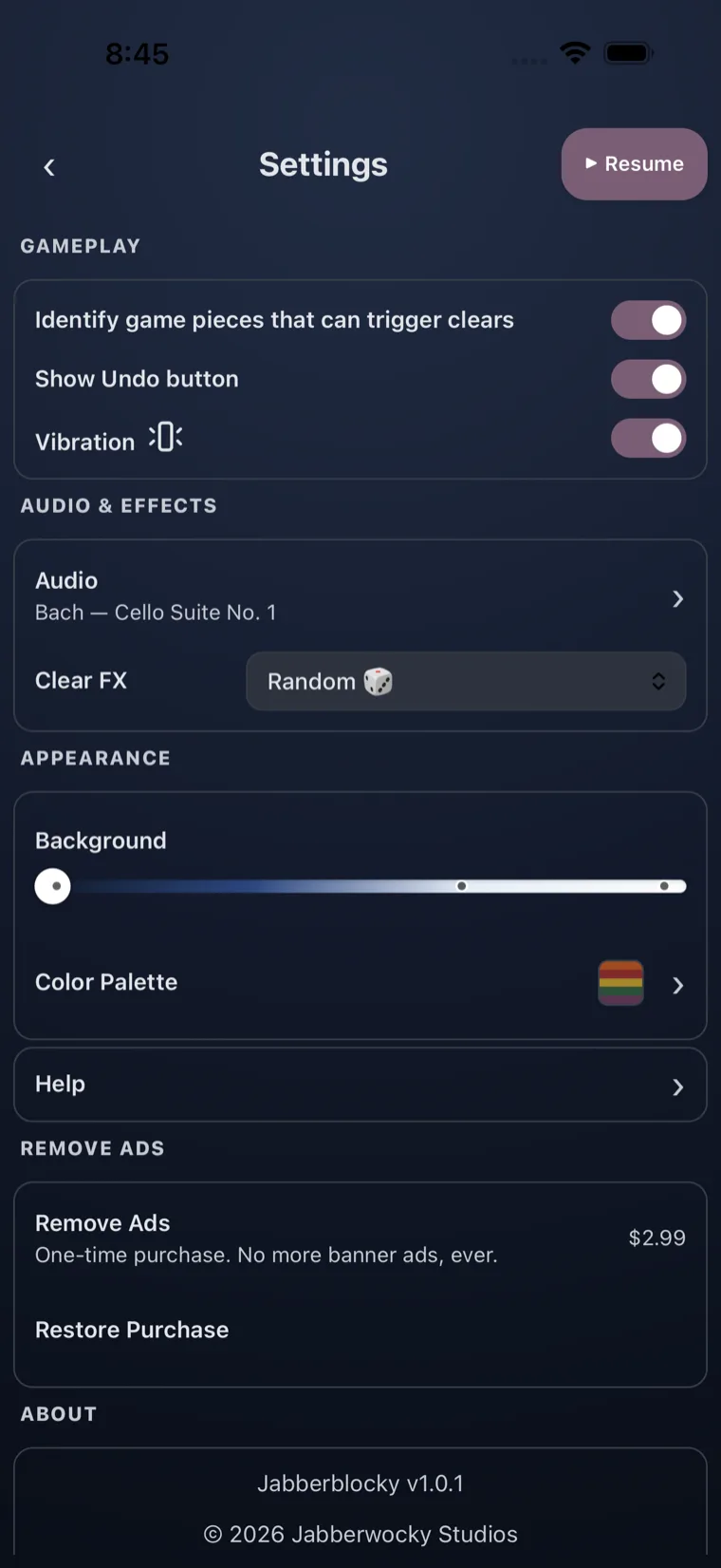 Jabberblocky Settings screen on iPhone showing the Gameplay section, where the Vibration toggle is turned on.